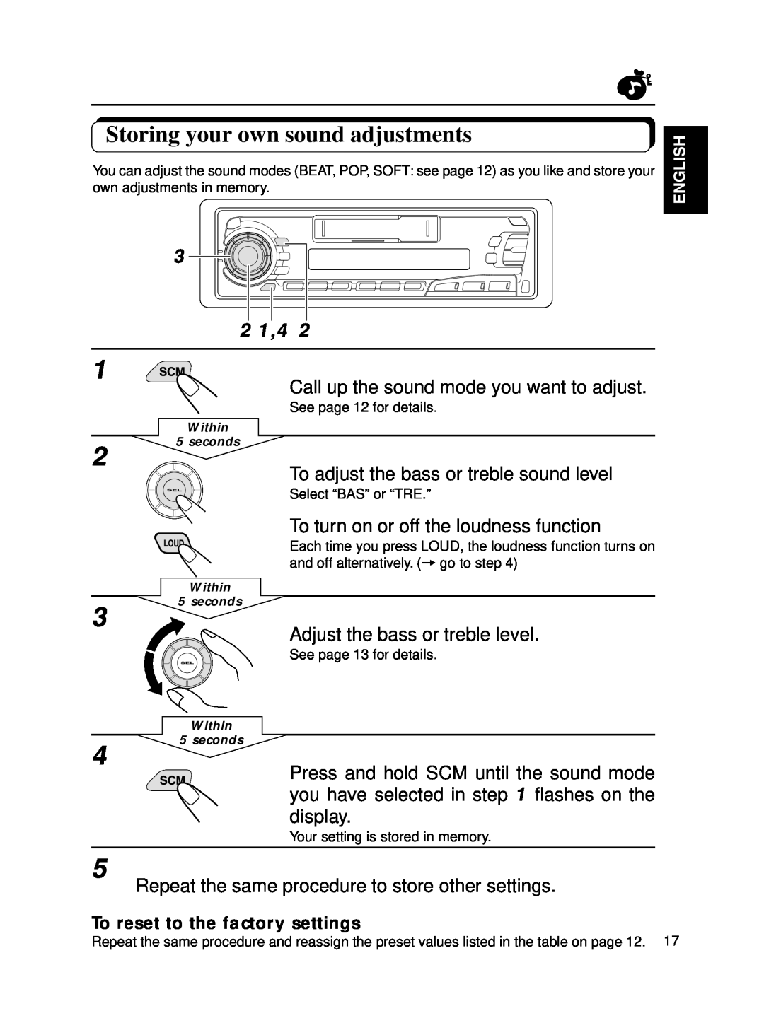 JVC KS-FX250 manual Storing your own sound adjustments, 2 1,4 