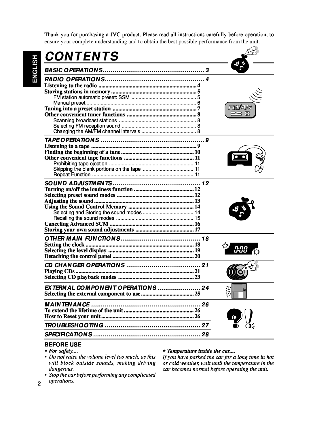 JVC KS-FX250 manual Contents, English, Before Use, For safety, Temperature inside the car 