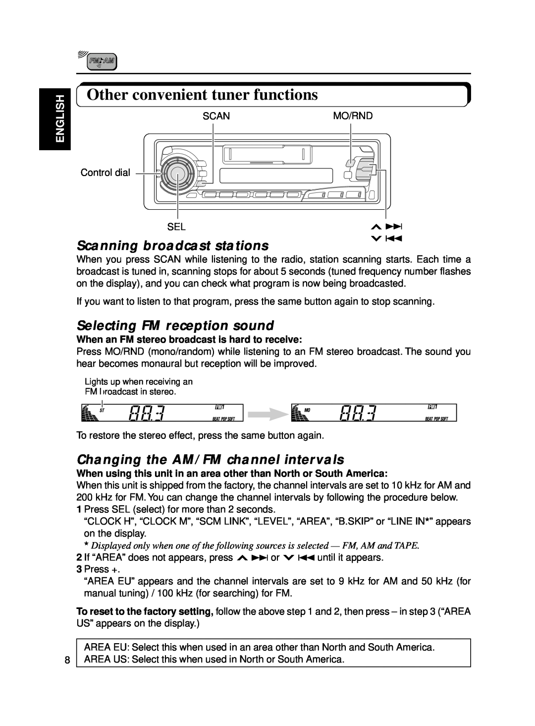 JVC KS-FX250 manual Other convenient tuner functions, Scanning broadcast stations, Selecting FM reception sound, English 