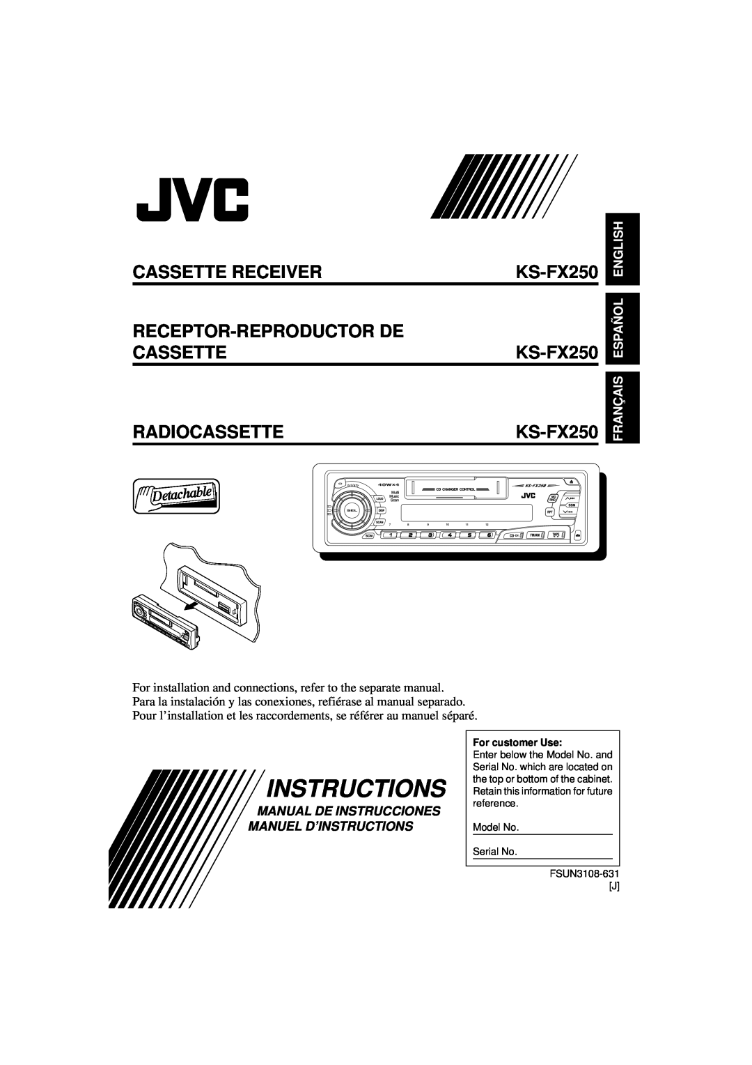 JVC KS-FX250 manual Instructions, Franç Ais Español English, Cassette Receiver Receptor-Reproductorde Cassette 