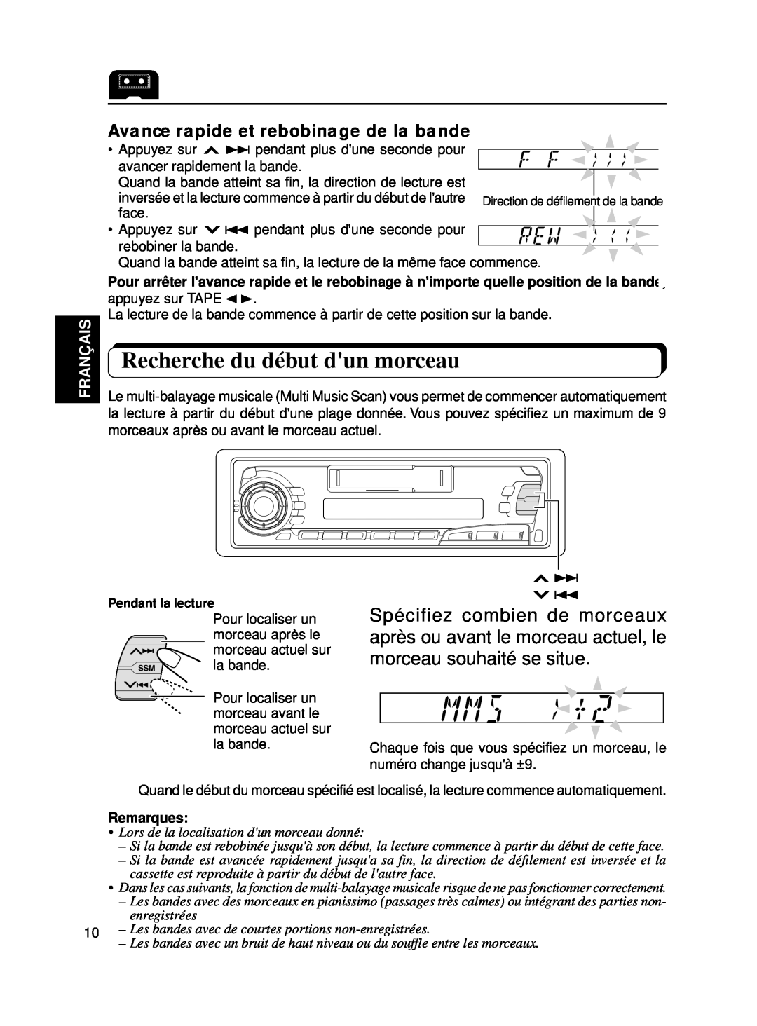 JVC KS-FX250 manual Recherche du début dun morceau, Avance rapide et rebobinage de la bande, Français, Remarques 
