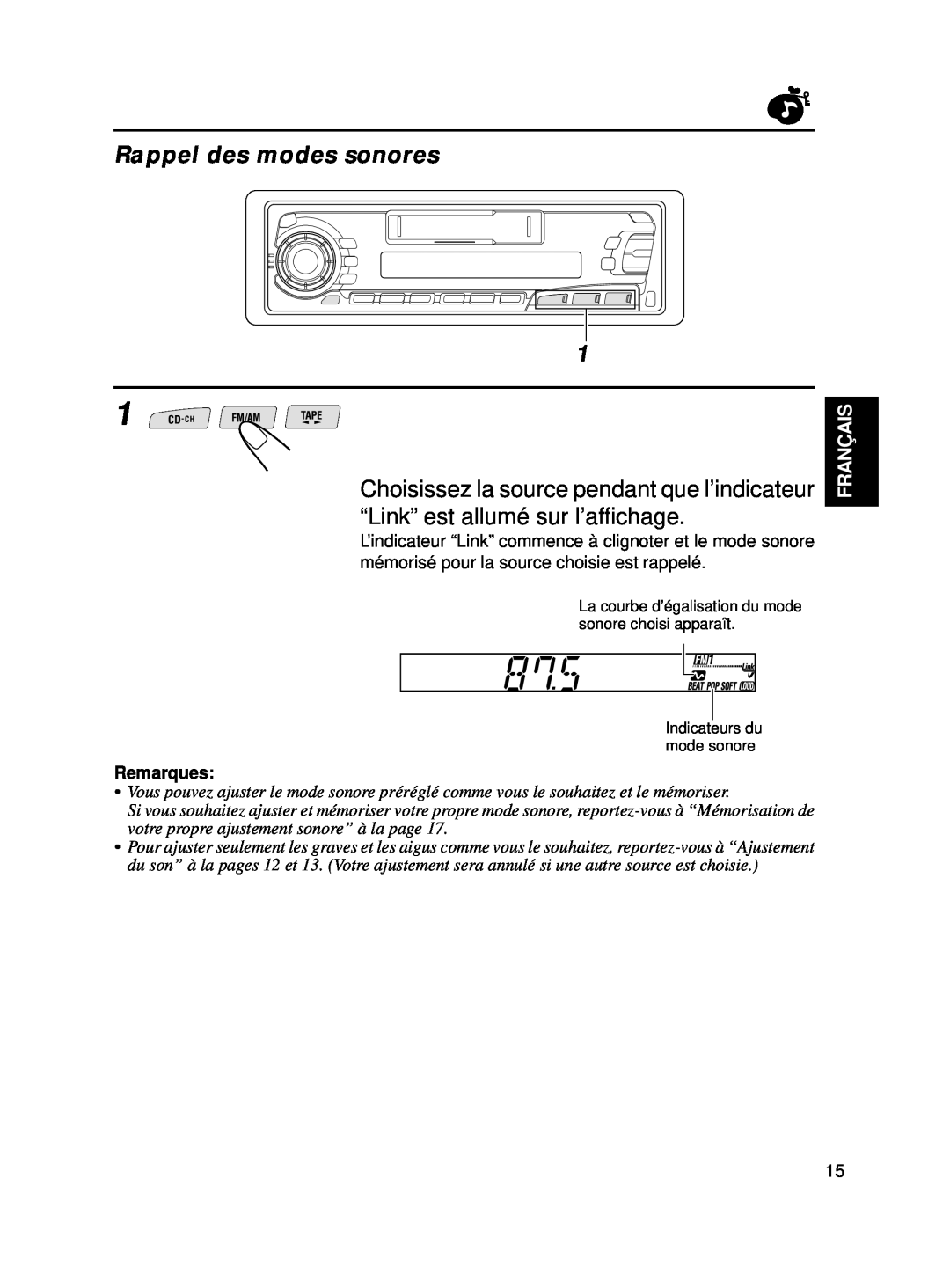 JVC KS-FX250 manual Rappel des modes sonores, Français, Remarques 