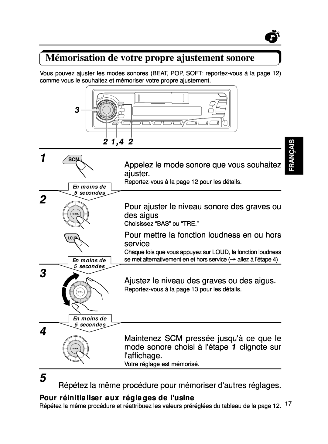 JVC KS-FX250 manual Mémorisation de votre propre ajustement sonore, 3 2 1,4 