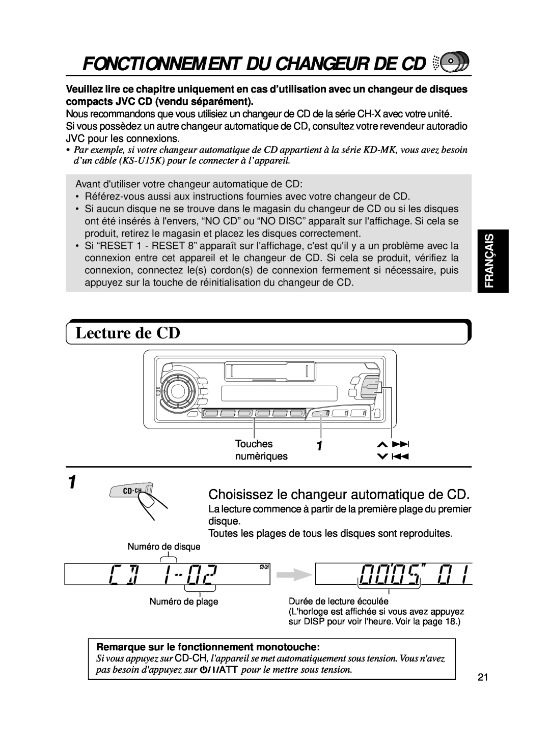 JVC KS-FX250 manual Fonctionnement Du Changeur De Cd, Lecture de CD, Choisissez le changeur automatique de CD, Français 