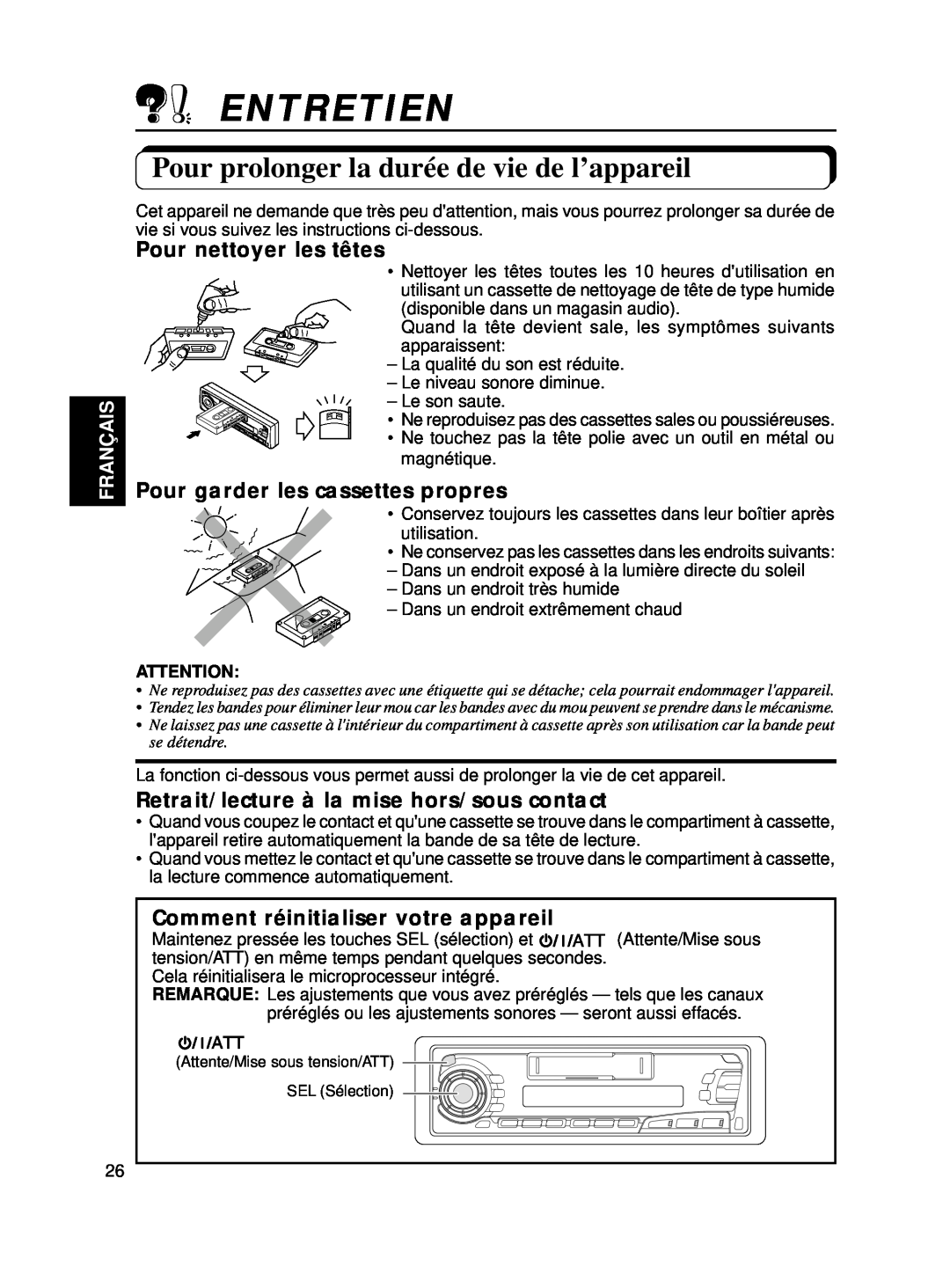 JVC KS-FX250 manual Entretien, Pour prolonger la durée de vie de l’appareil, Pour nettoyer les têtes, Français 