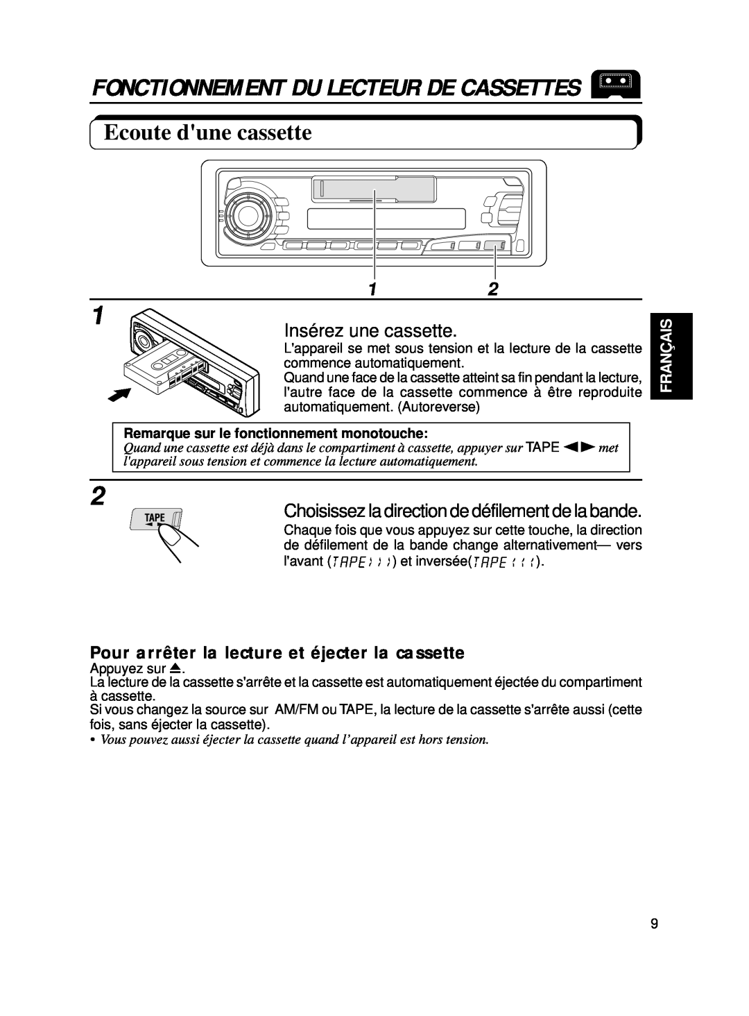 JVC KS-FX250 manual Ecoute dune cassette, Insérez une cassette, Choisissez la direction de défilement de la bande, Français 