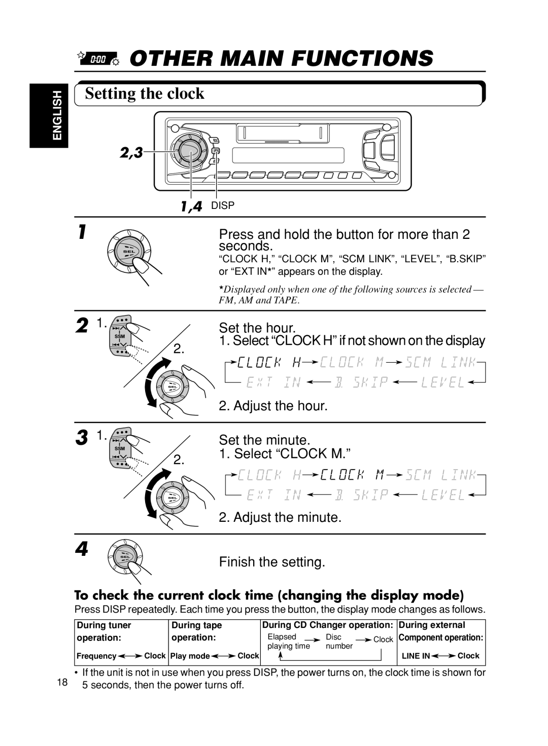 JVC KS-FX270 manual Other Main Functions, Setting the clock, Disp 