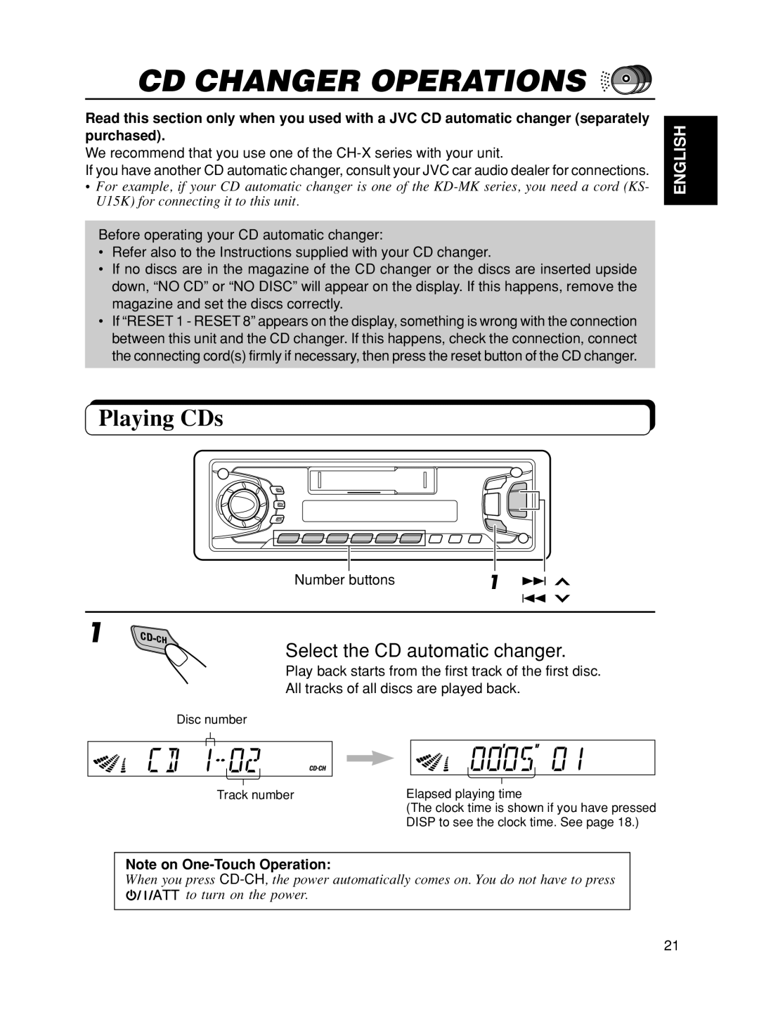 JVC KS-FX270 manual CD Changer Operations, Playing CDs, Select the CD automatic changer 