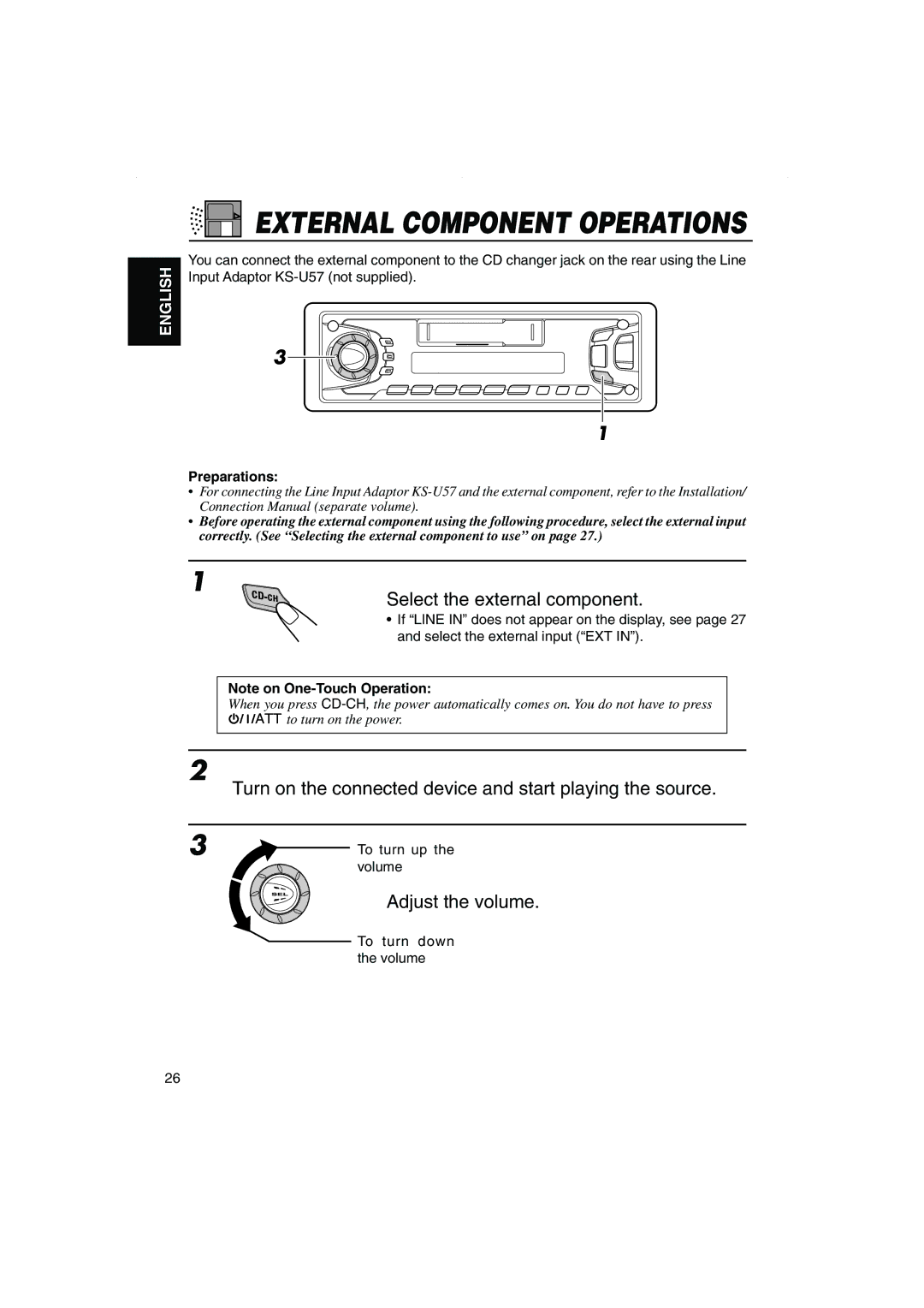 JVC KS-FX270 manual Select the external component, Turn on the connected device and start playing the source, Preparations 