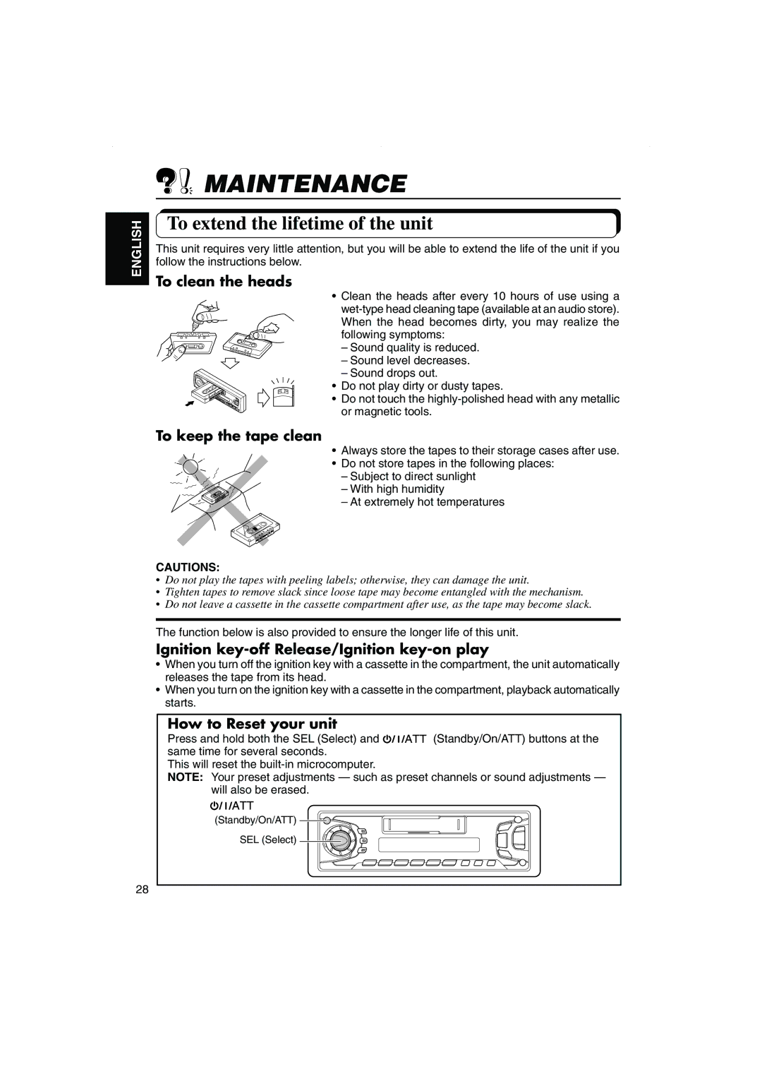 JVC KS-FX270 manual Maintenance, To extend the lifetime of the unit 