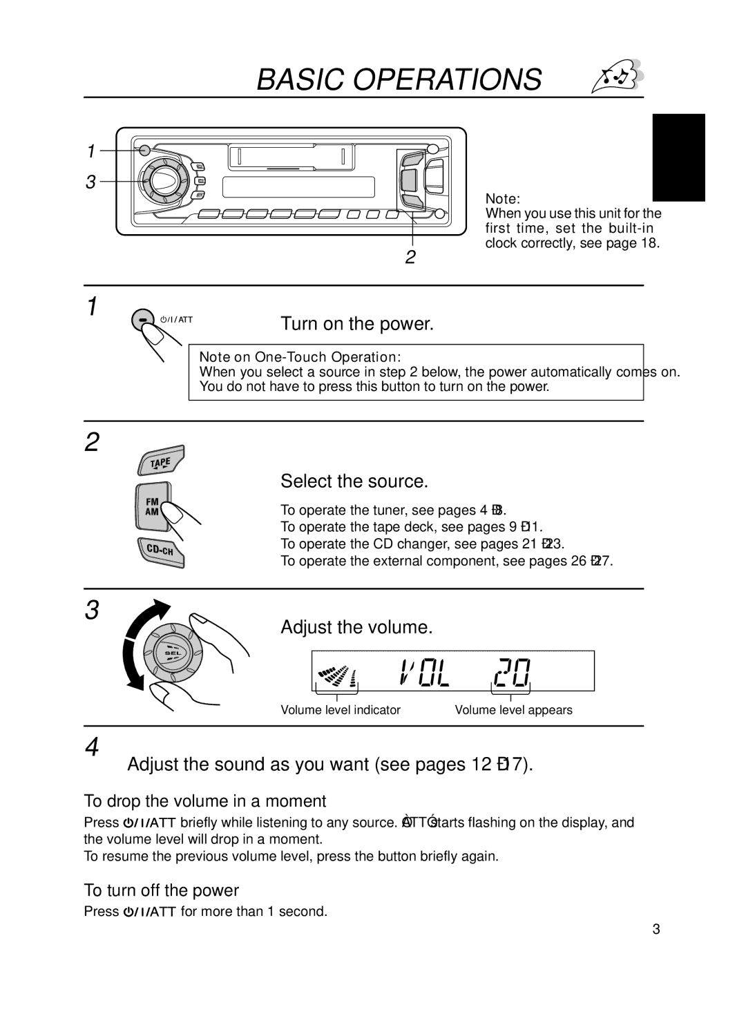 JVC KS-FX270 manual Basic Operations, Turn on the power, Select the source, Adjust the volume 