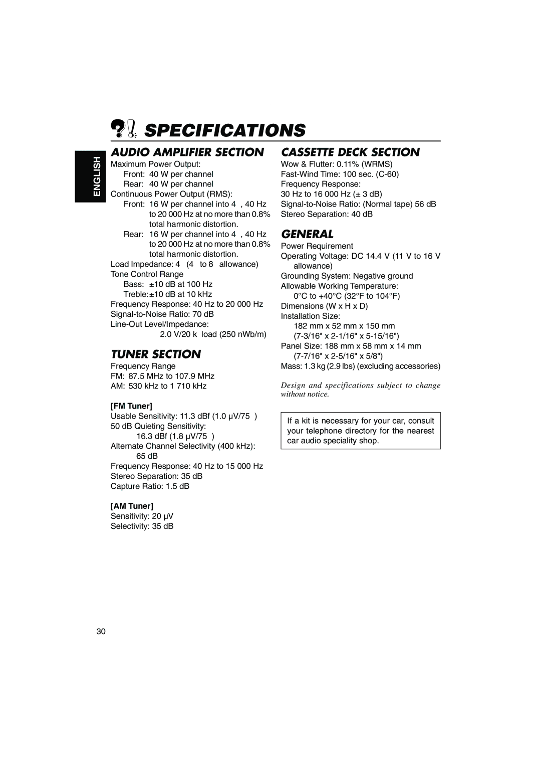 JVC KS-FX270 manual Specifications, FM Tuner, AM Tuner 