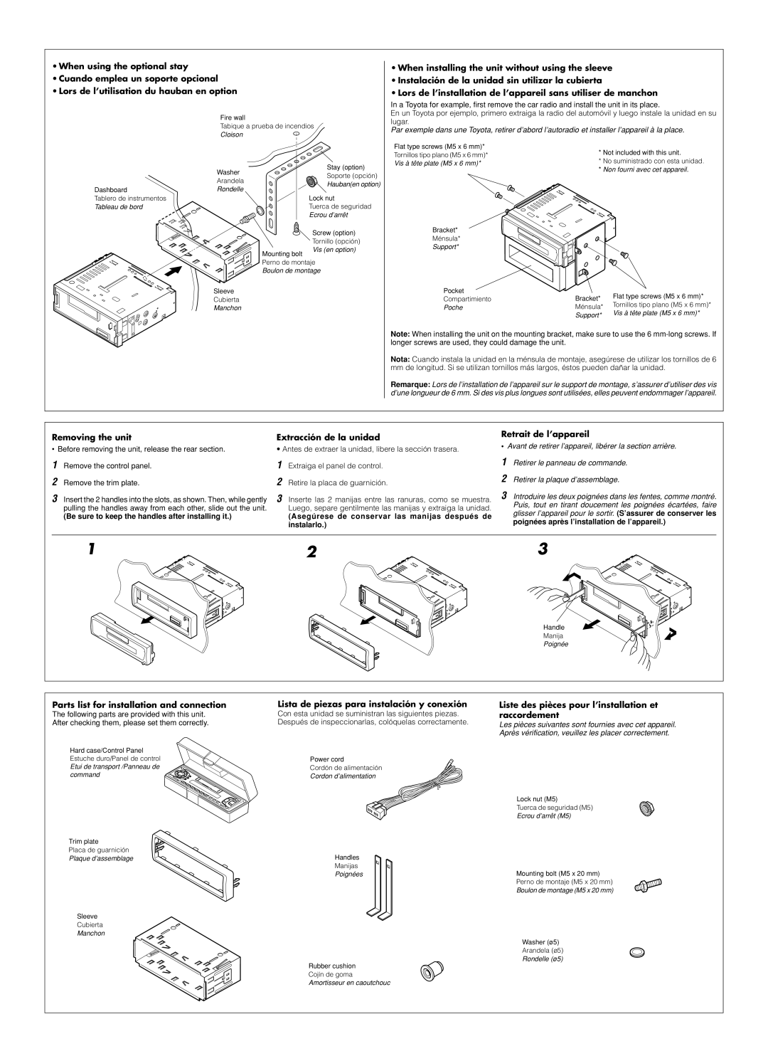 JVC KS-FX270 Be sure to keep the handles after installing it, Asegúrese de conservar las manijas después de instalarlo 