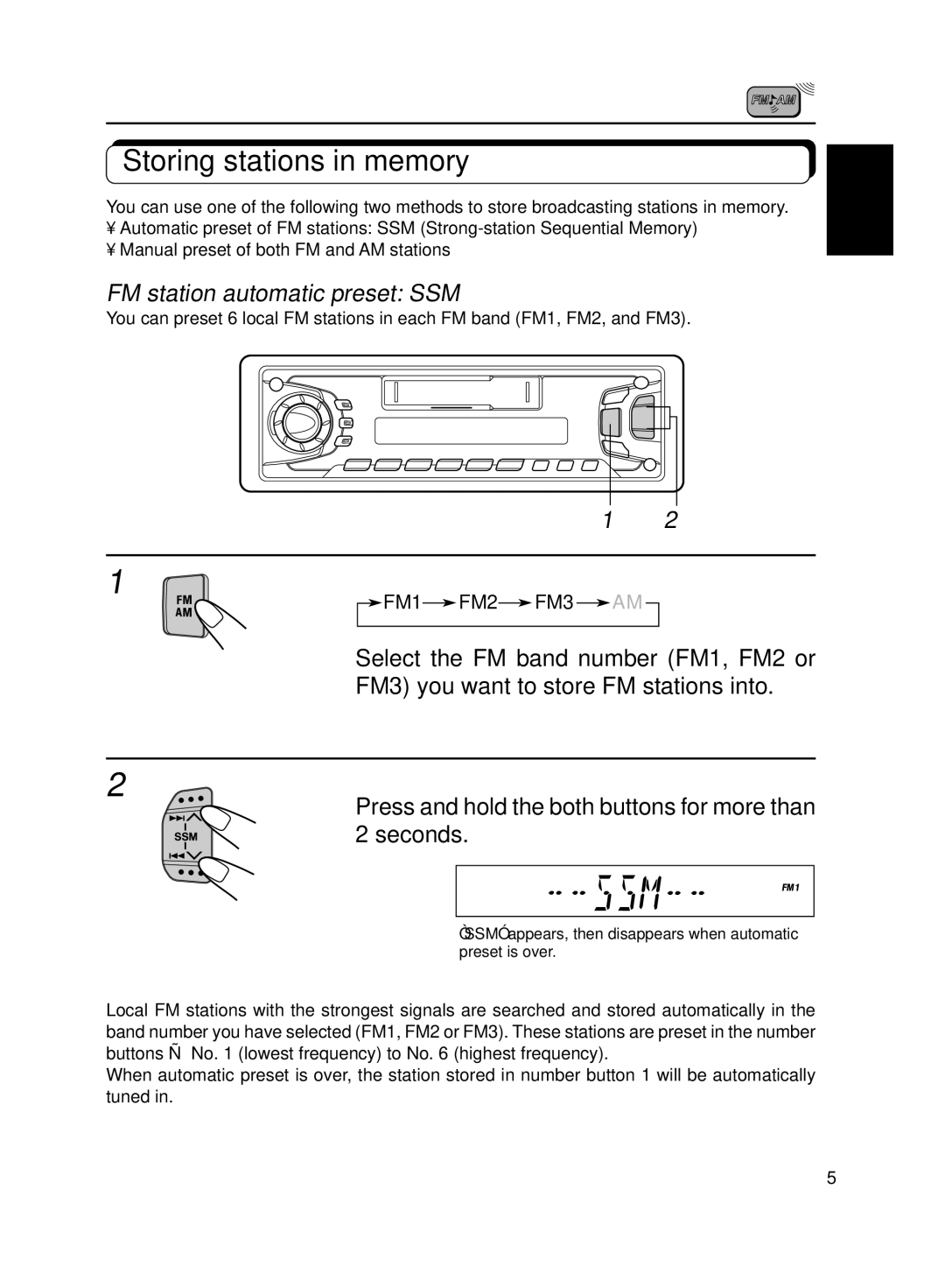 JVC KS-FX270 manual Storing stations in memory, FM station automatic preset SSM 