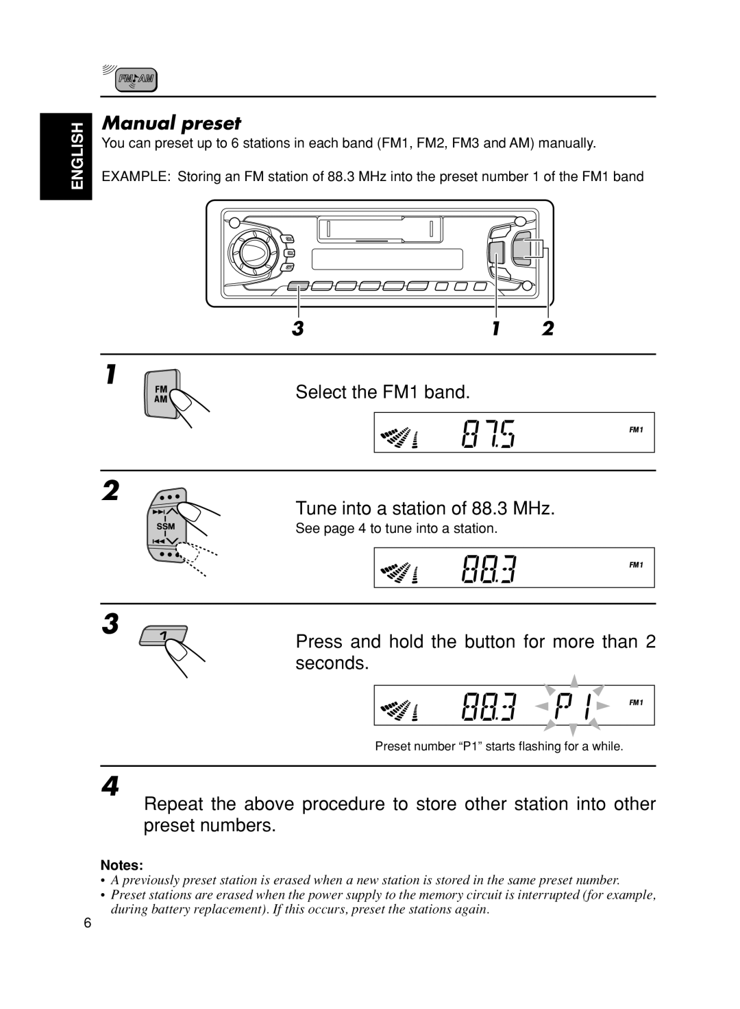 JVC KS-FX270 manual Manual preset, Select the FM1 band Tune into a station of 88.3 MHz 