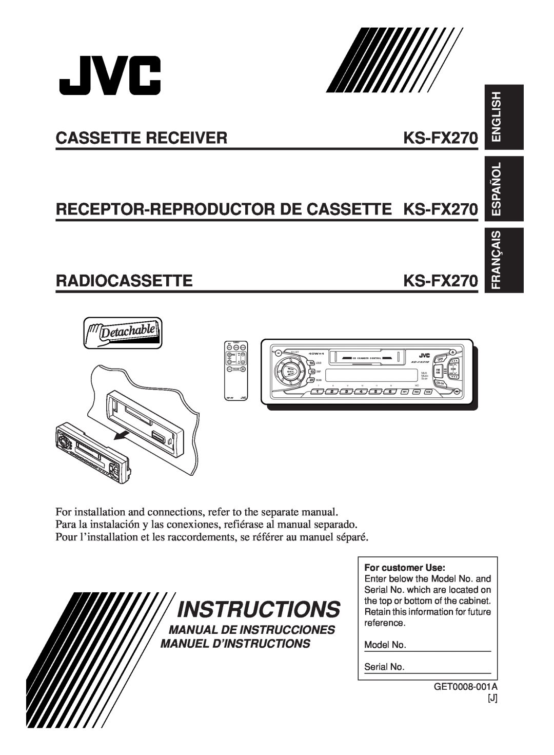 JVC KS-FX270 manual Français Español English, Manual De Instrucciones Manuel D’Instructions, Cassette Receiver 