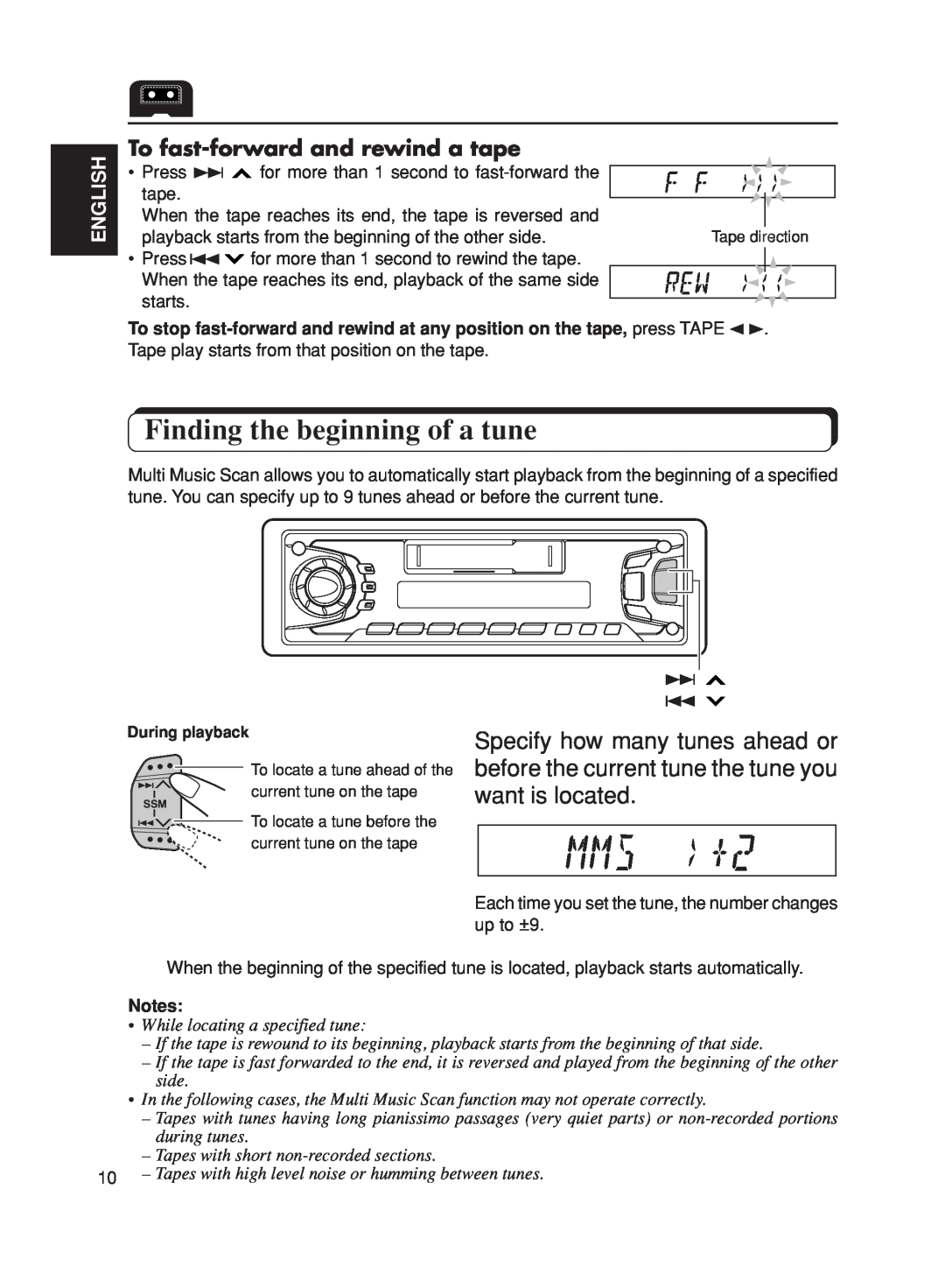 JVC KS-FX270 manual Finding the beginning of a tune, To fast-forwardand rewind a tape, English 