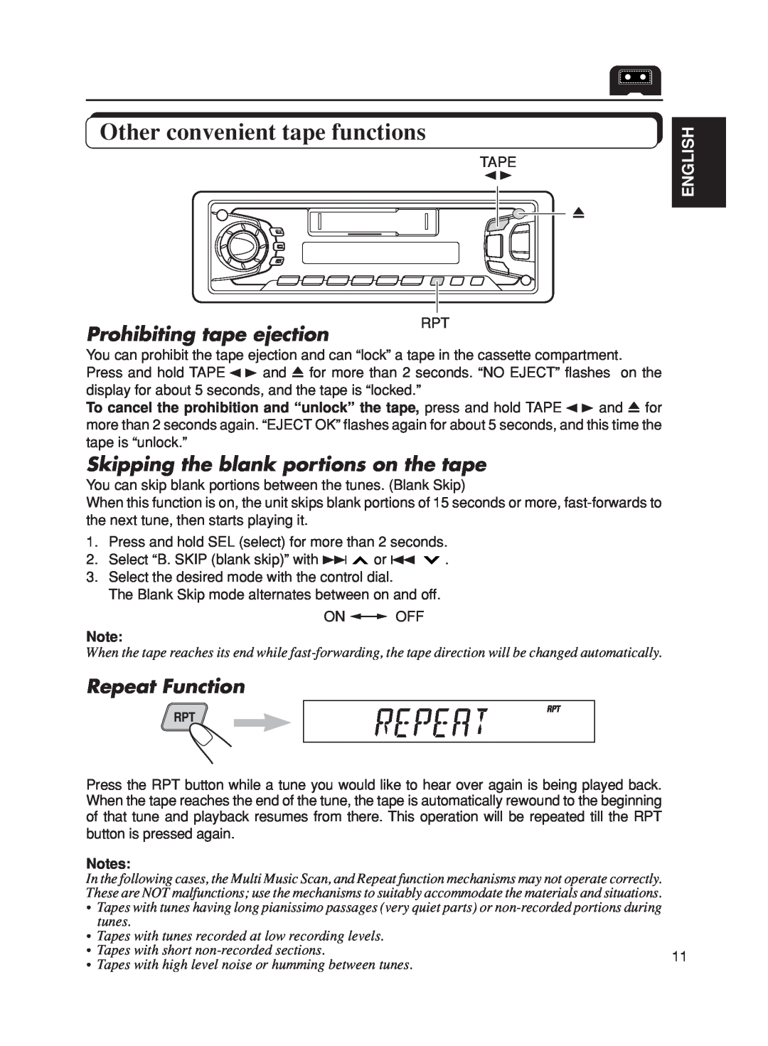 JVC KS-FX270 Other convenient tape functions, Prohibiting tape ejection, Skipping the blank portions on the tape, English 