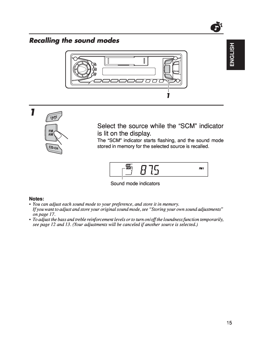 JVC KS-FX270 manual Recalling the sound modes, English, Sound mode indicators 