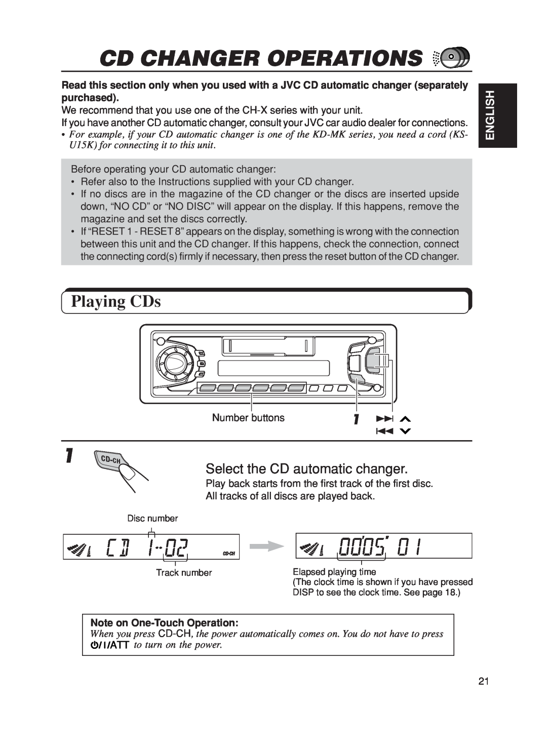 JVC KS-FX270 Cd Changer Operations, Playing CDs, Select the CD automatic changer, English, Note on One-TouchOperation 