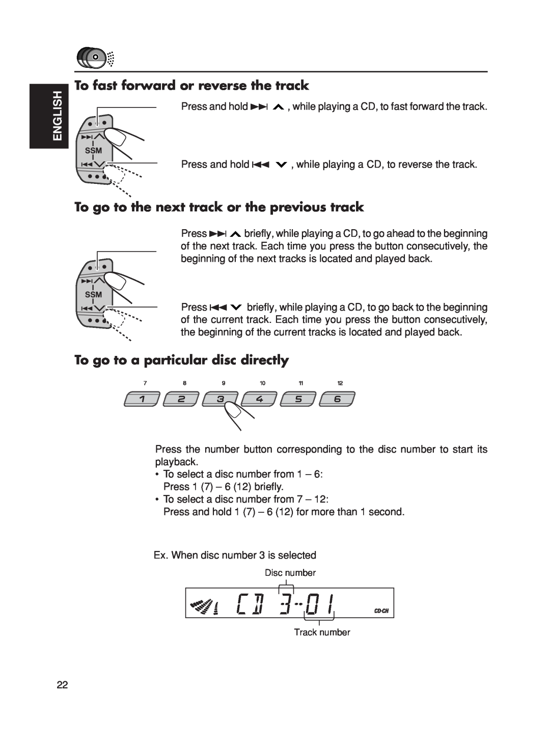 JVC KS-FX270 manual To fast forward or reverse the track, To go to the next track or the previous track, English 
