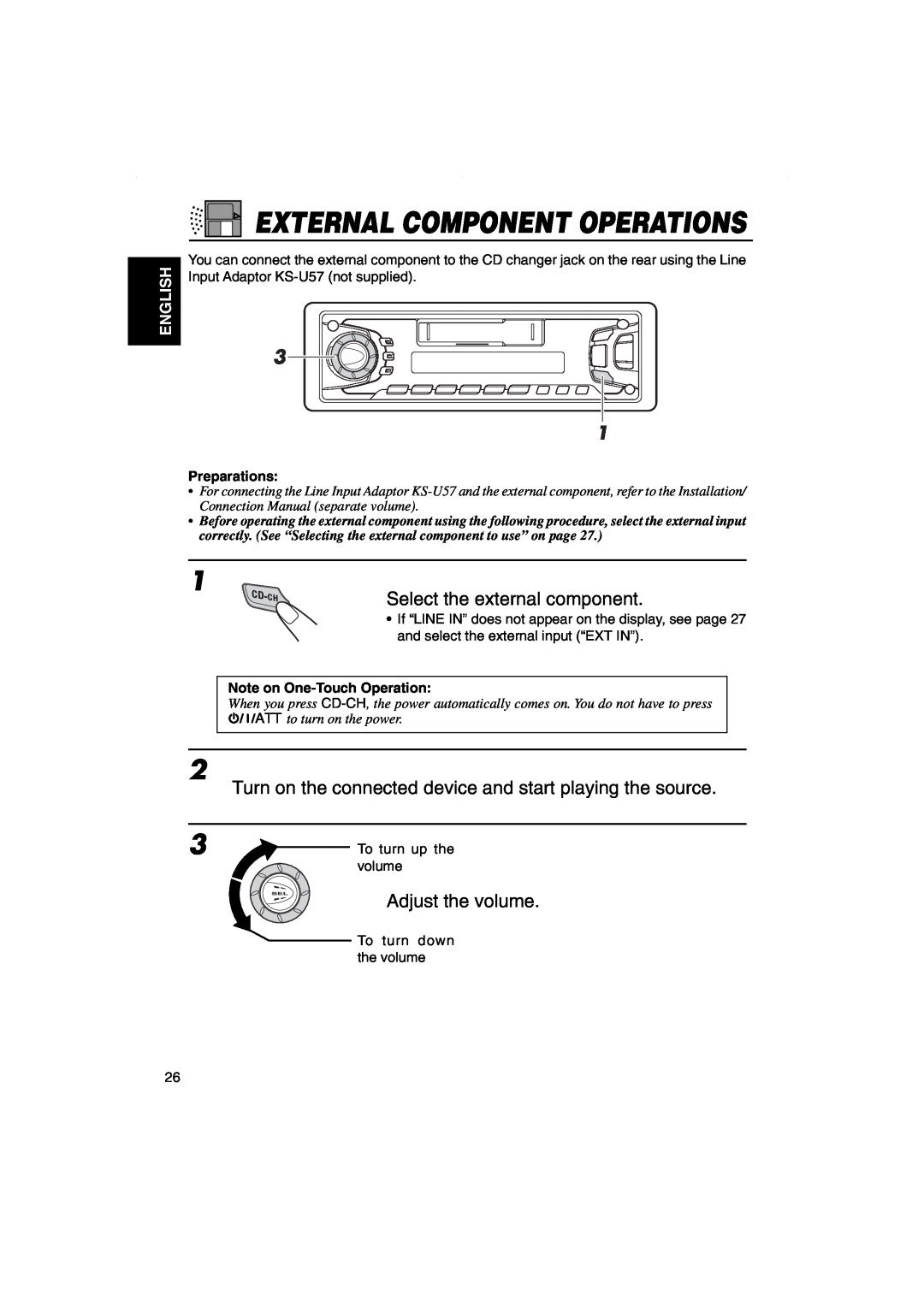 JVC KS-FX270 manual Select the external component, External Component Operations, Adjust the volume, English, Preparations 