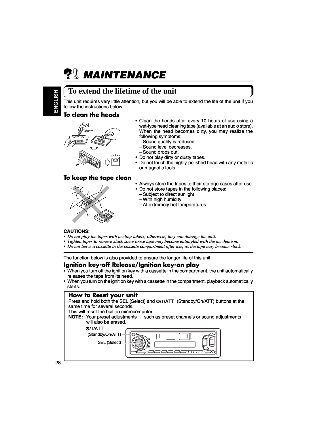 JVC KS-FX270 manual Maintenance, To extend the lifetime of the unit, To clean the heads, To keep the tape clean, English 