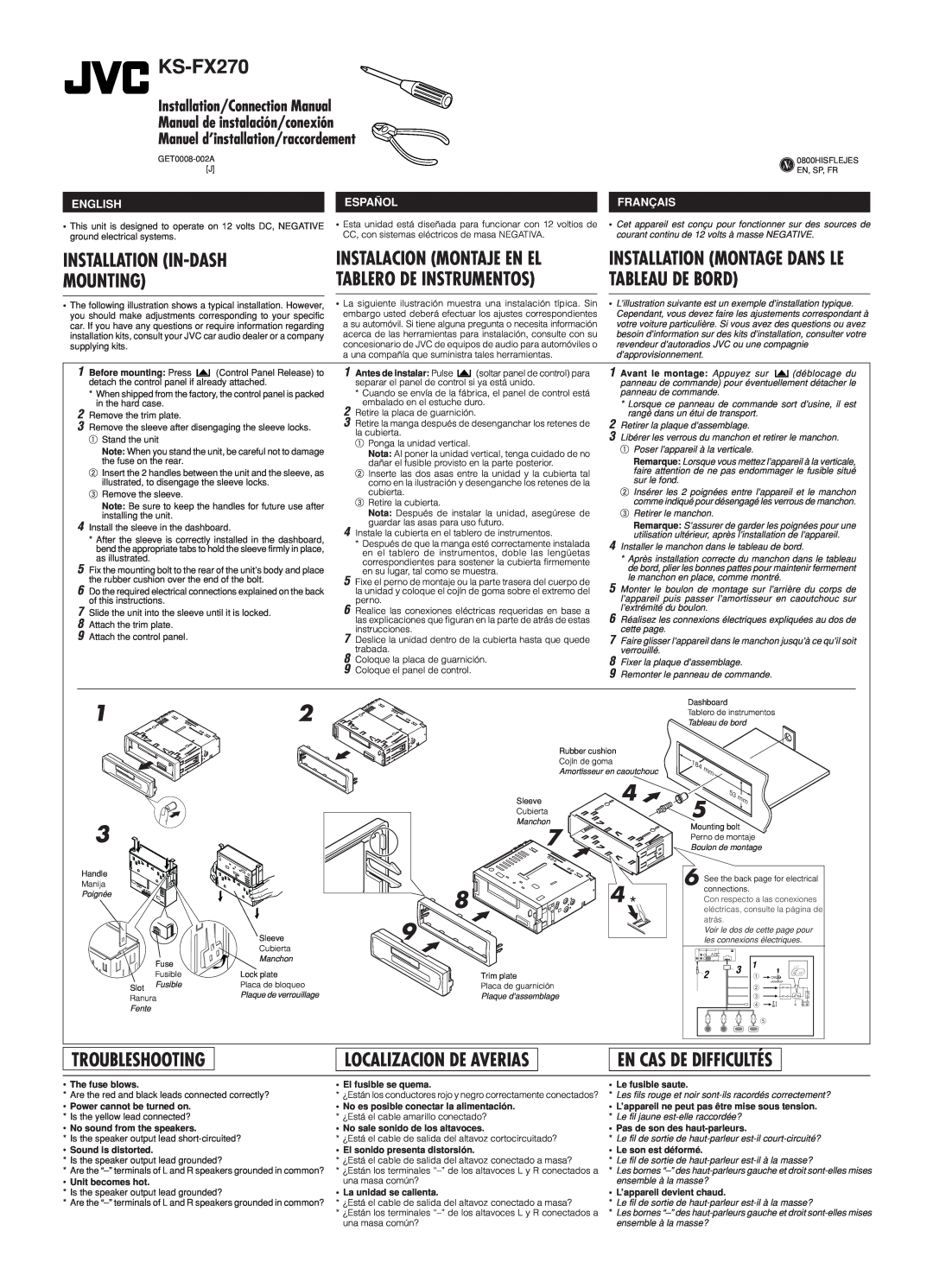 JVC KS-FX270 manual Installation In-Dash Mounting, Troubleshooting, Localizacion De Averias, En Cas De Difficultés 