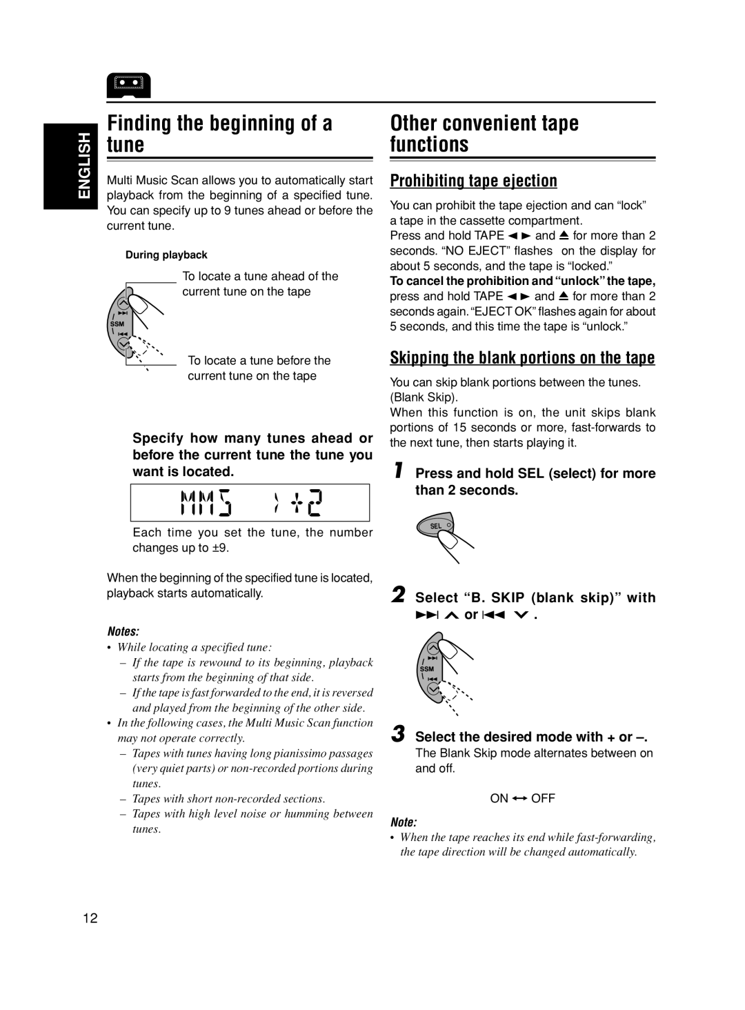 JVC KS-FX280 manual Finding the beginning of a tune, Other convenient tape functions, Prohibiting tape ejection 