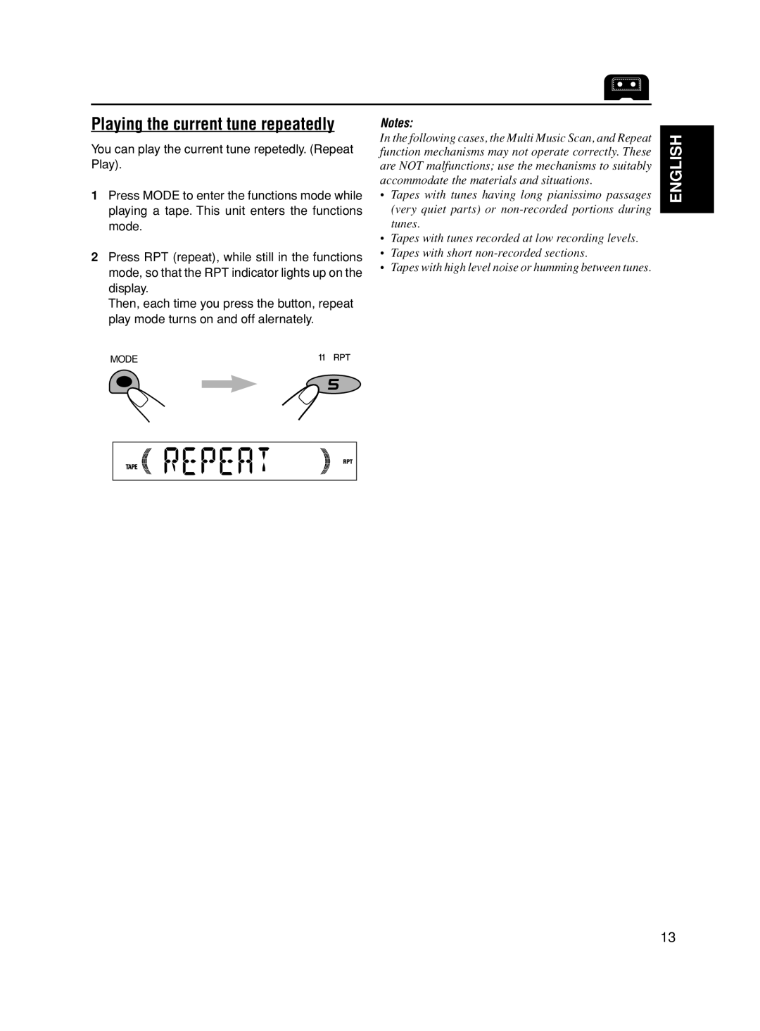 JVC KS-FX280 manual Playing the current tune repeatedly 