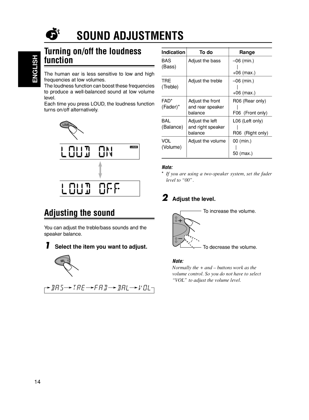 JVC KS-FX280 manual Sound Adjustments, Turning on/off the loudness function, Adjusting the sound, Indication To do Range 