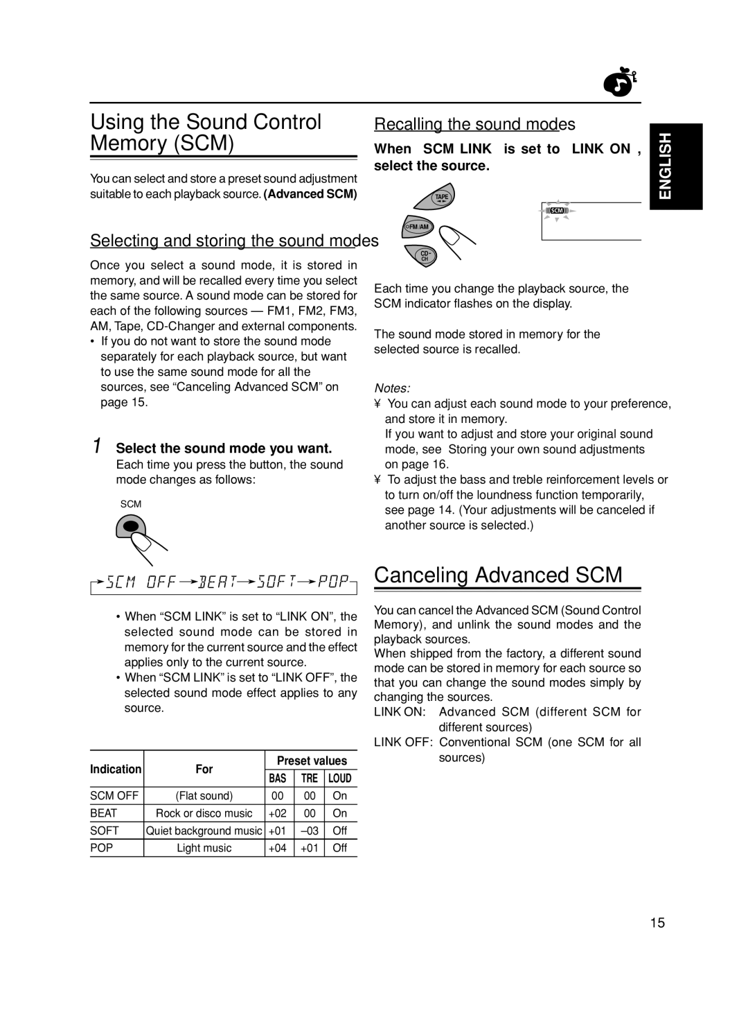 JVC KS-FX280 manual Canceling Advanced SCM, Recalling the sound modes, Selecting and storing the sound modes 