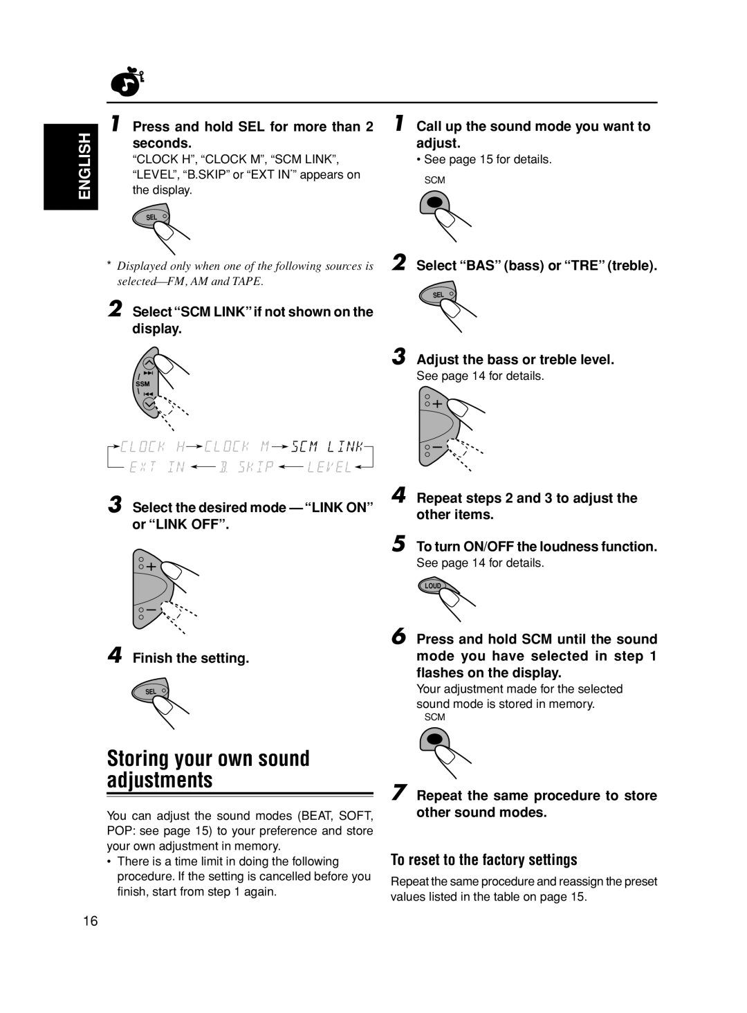 JVC KS-FX280 manual Storing your own sound adjustments, To reset to the factory settings 