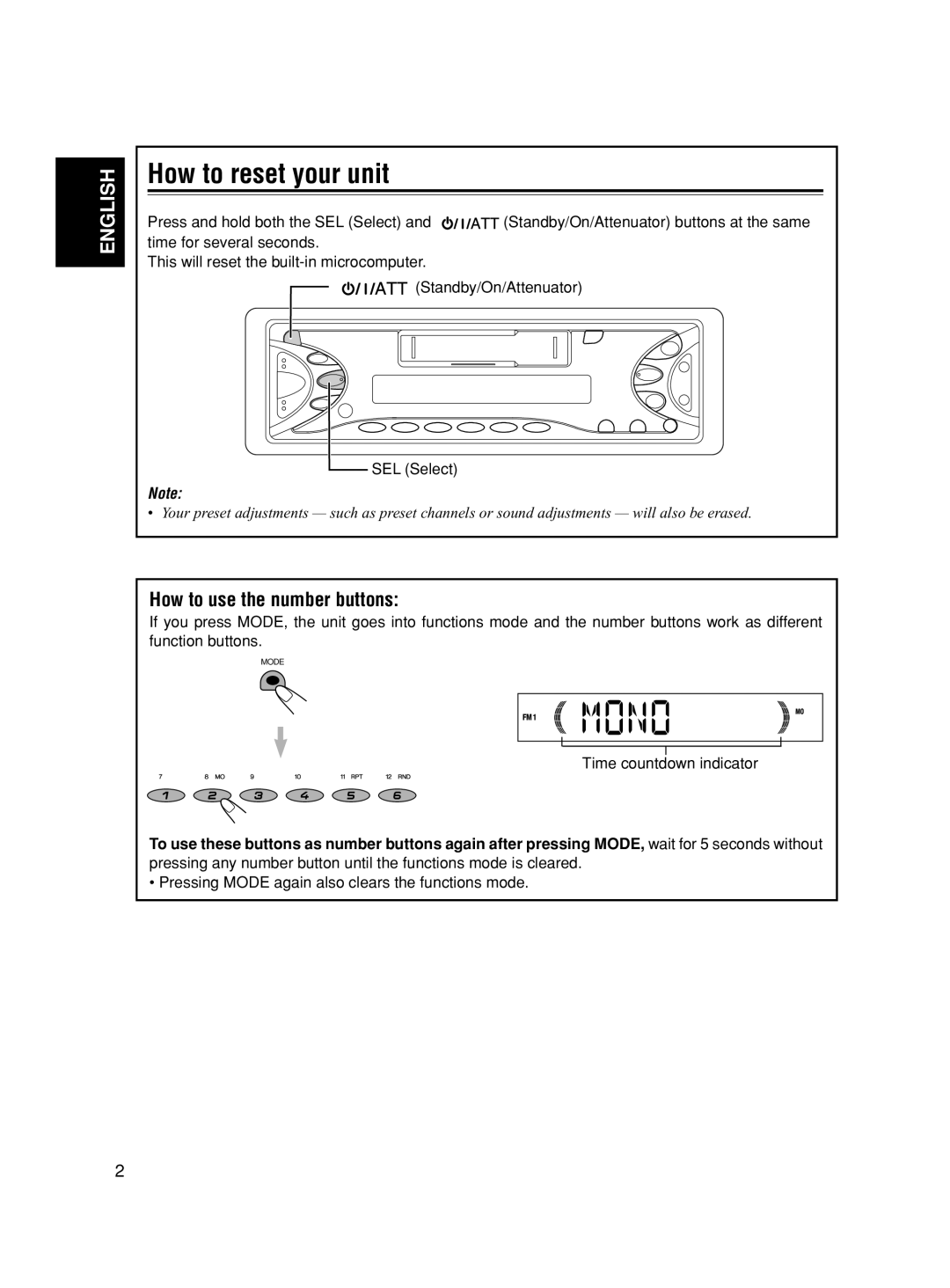 JVC KS-FX280 manual How to reset your unit, How to use the number buttons, Time countdown indicator 