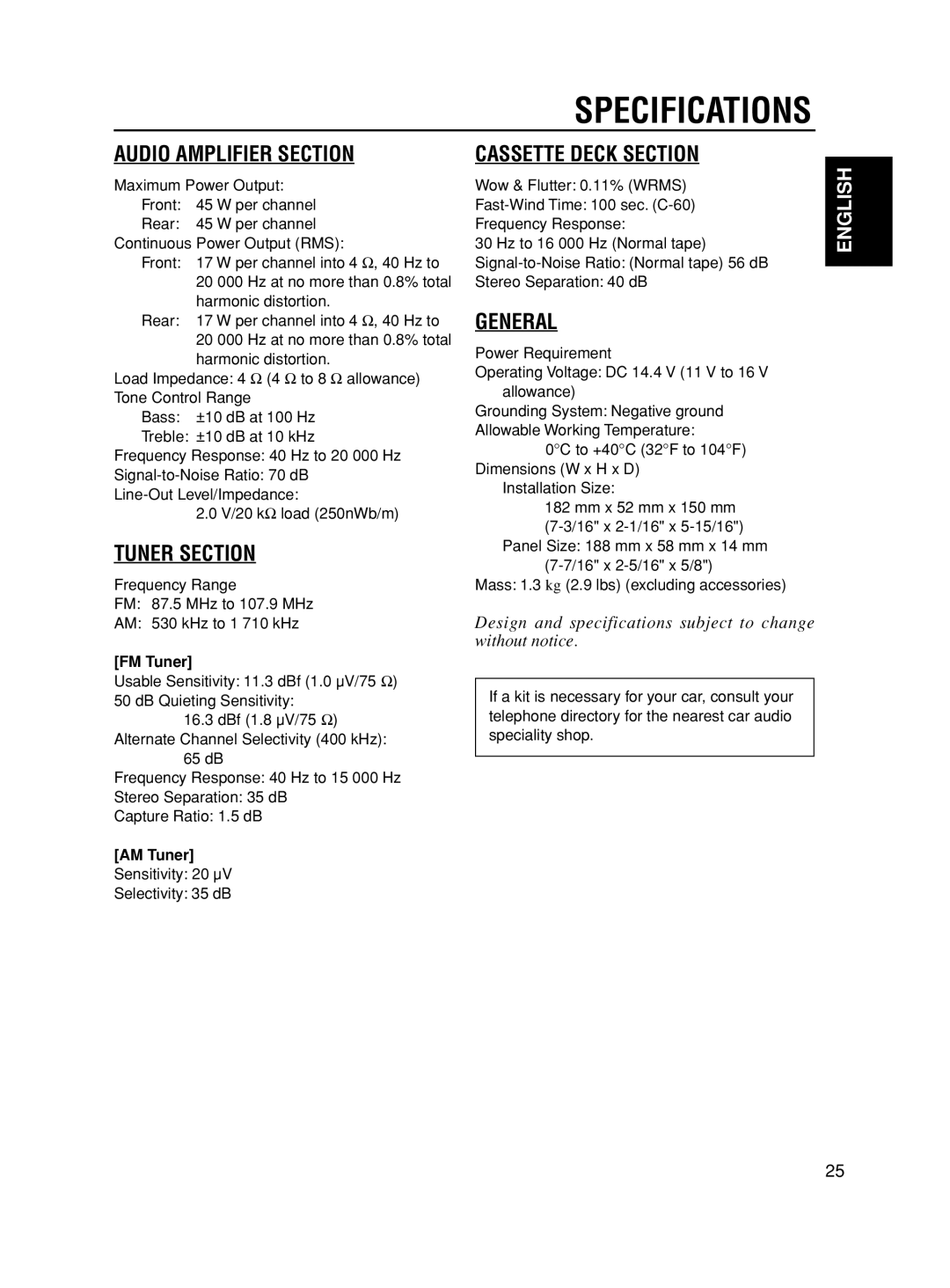 JVC KS-FX280 manual Specifications, FM Tuner, AM Tuner, Sensitivity 20 µV Selectivity 35 dB 