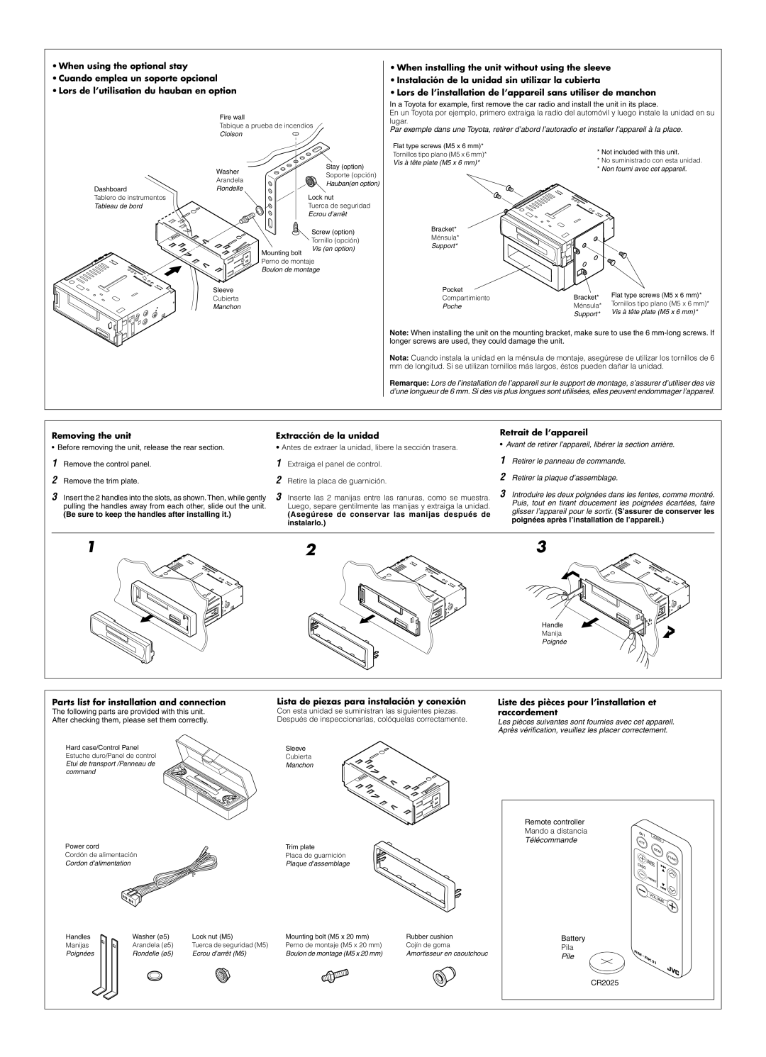 JVC KS-FX280 Be sure to keep the handles after installing it, Asegúrese de conservar las manijas después de instalarlo 