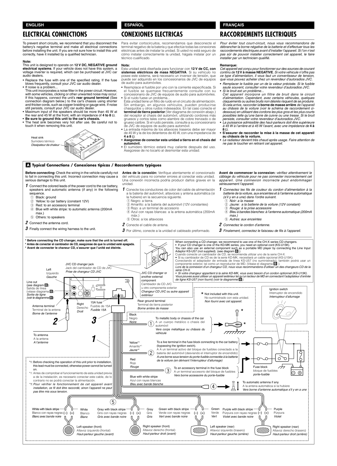 JVC KS-FX280 manual Be sure to ground this unit to the car’s chassis, Nota, Remarque 