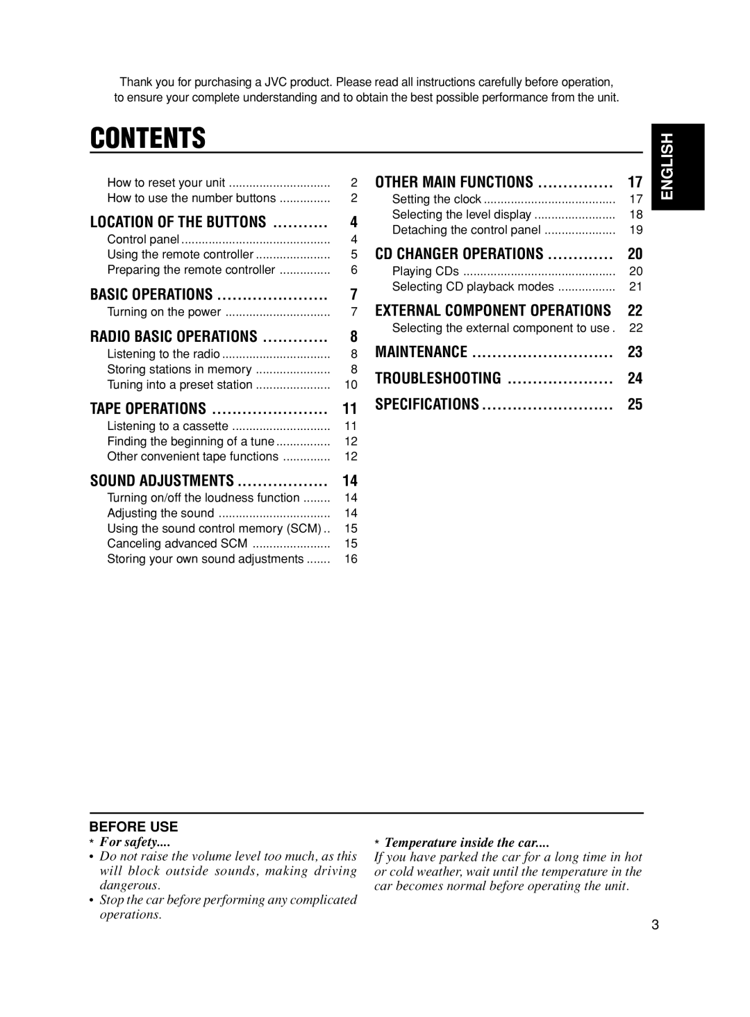 JVC KS-FX280 manual Contents 