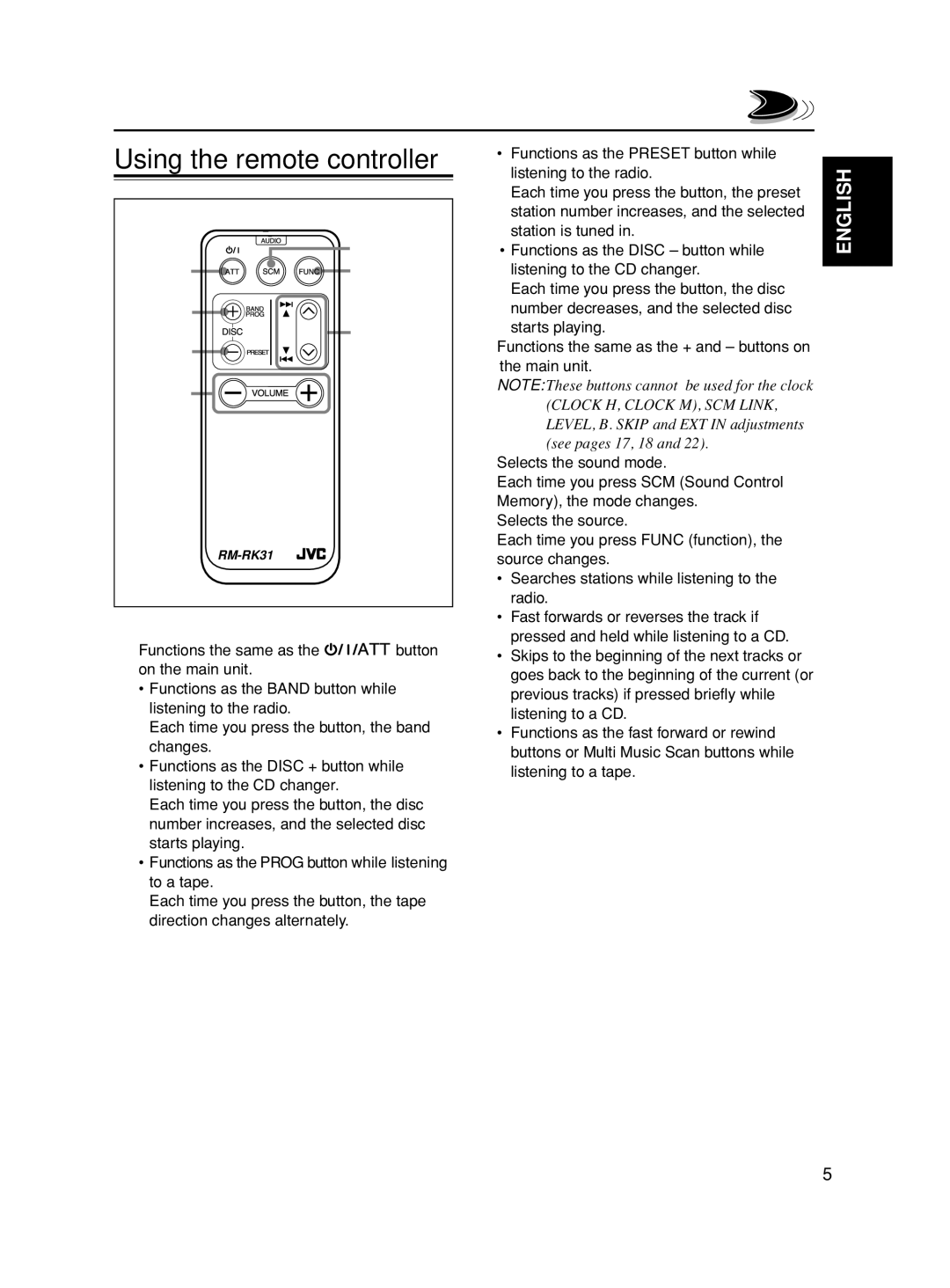 JVC KS-FX280 manual Using the remote controller 