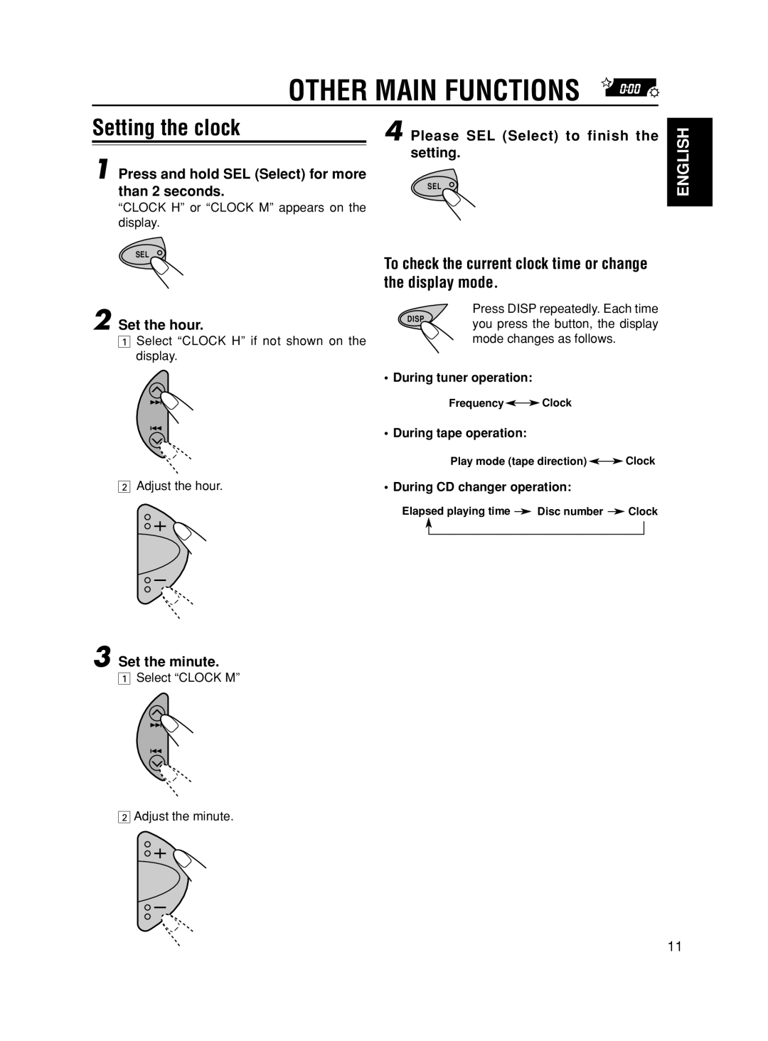 JVC KS-FX321 manual Other Main Functions, Setting the clock, To check the current clock time or change the display mode 