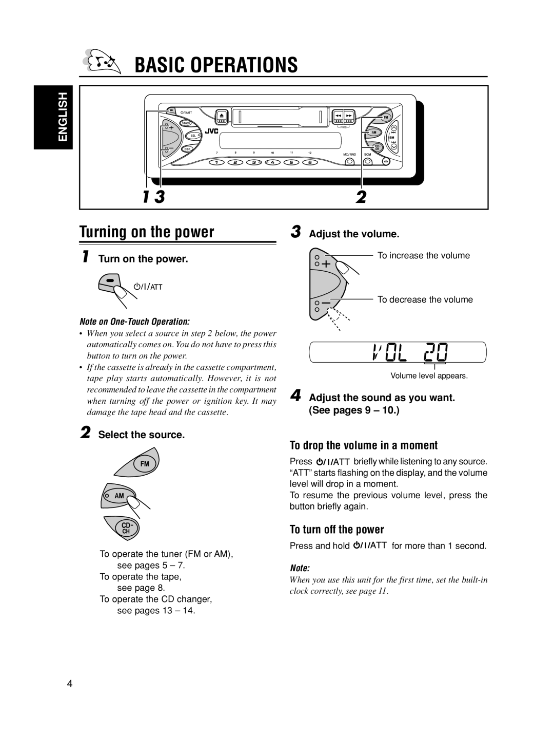 JVC KS-FX321 manual Basic Operations, Turning on the power, To drop the volume in a moment, To turn off the power 