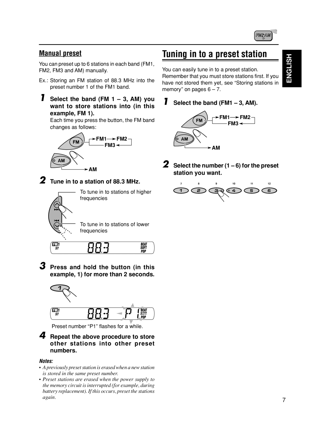 JVC KS-FX321 manual Tune in to a station of 88.3 MHz, Select the number 1 6 for the preset station you want 