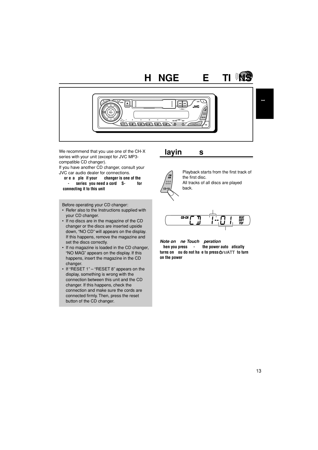 JVC KS-FX385 manual CD Changer Operations, Playing CDs, Select the CD changer CD-CH 