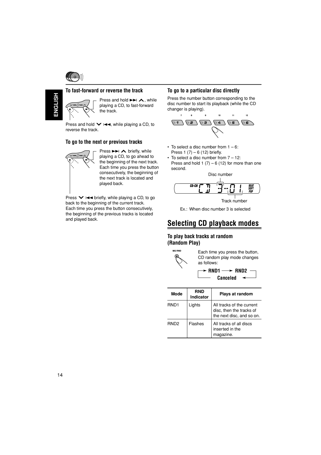 JVC KS-FX385 manual To fast-forward or reverse the track, To go to a particular disc directly, Canceled 