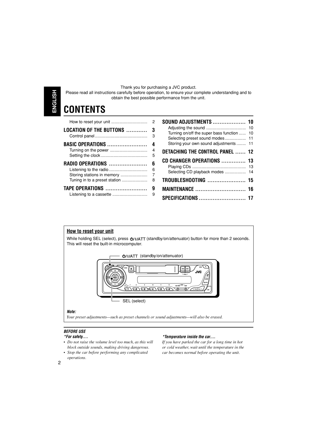 JVC KS-FX385 manual Contents 