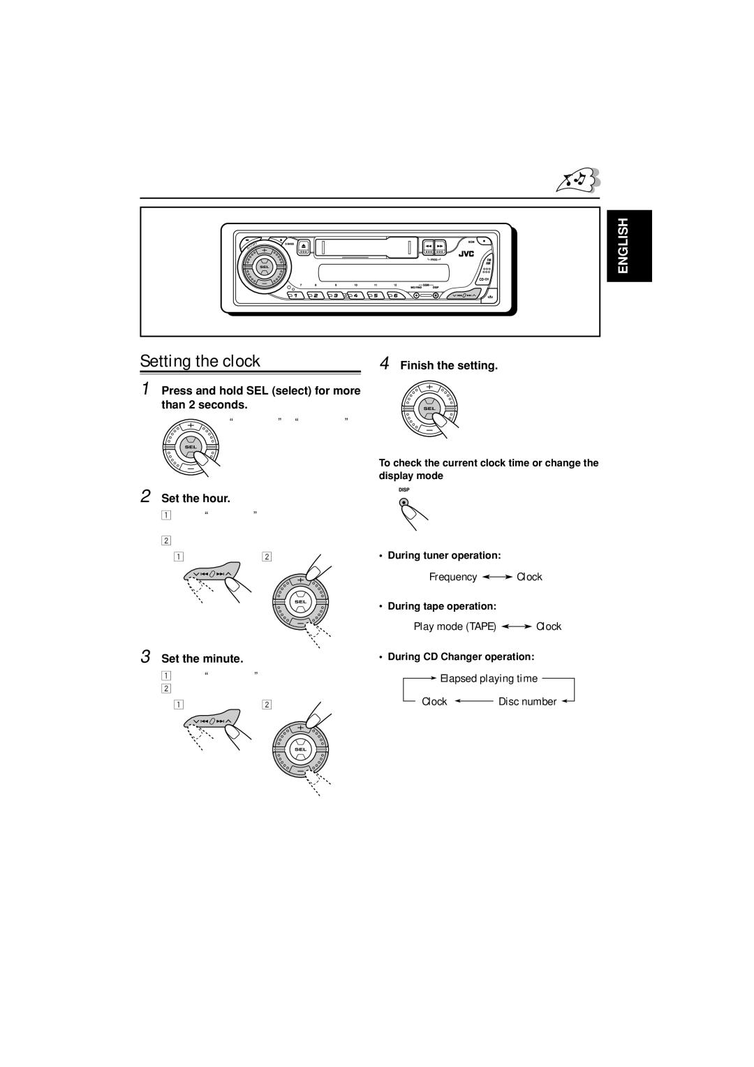 JVC KS-FX385 manual Setting the clock 