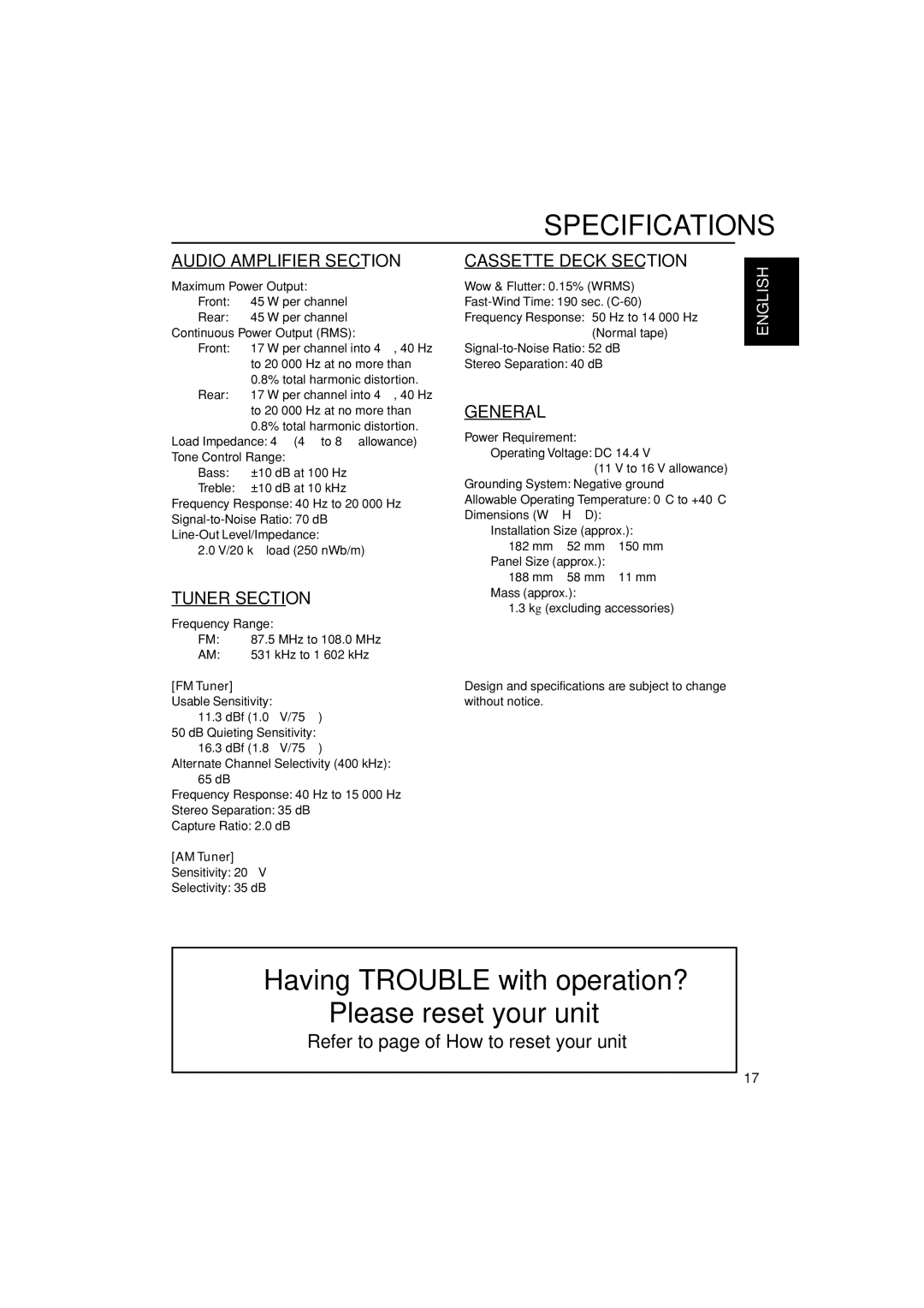 JVC KS-FX385 manual Specifications 