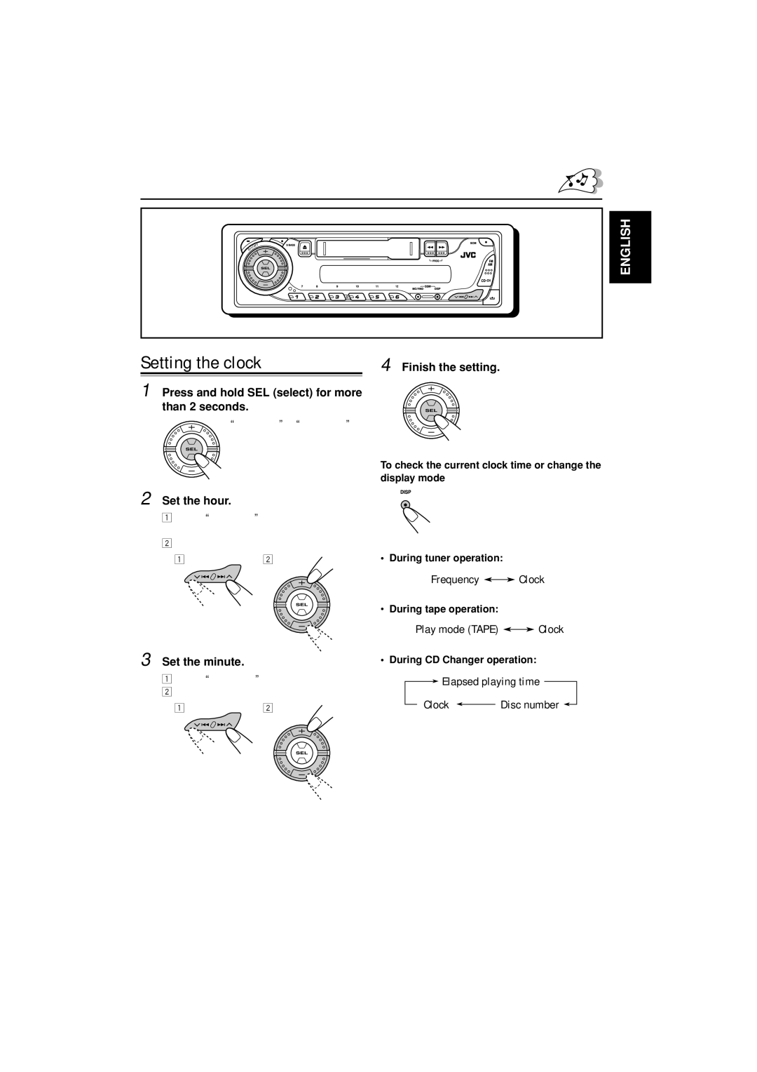 JVC KS-FX385 manual Setting the clock 