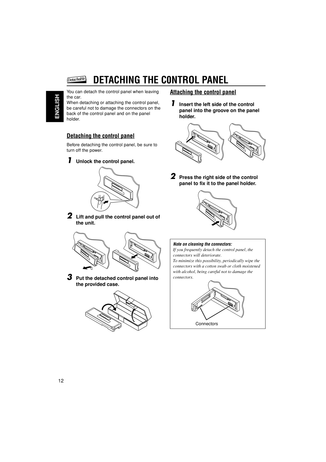 JVC KS-FX385 manual DETACHING THE C0NTROL PANEL, Attaching the control panel, Detaching the control panel, English 