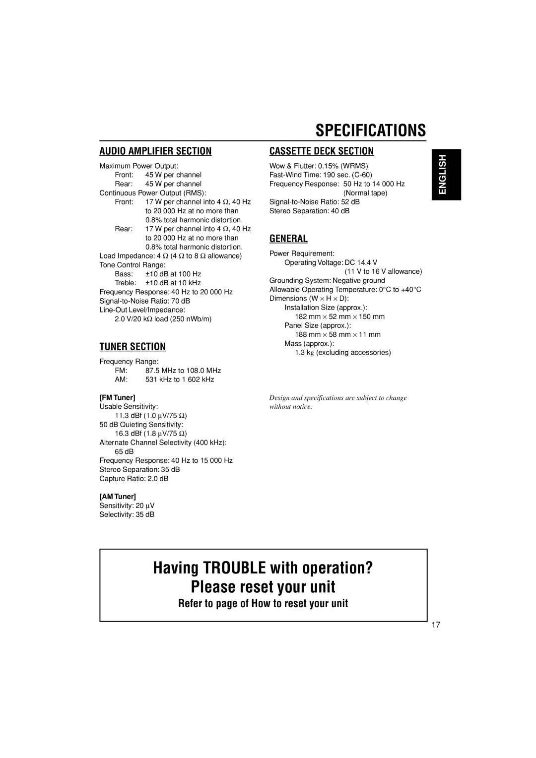 JVC KS-FX385 Specifications, Having TROUBLE with operation? Please reset your unit, Audio Amplifier Section, Tuner Section 
